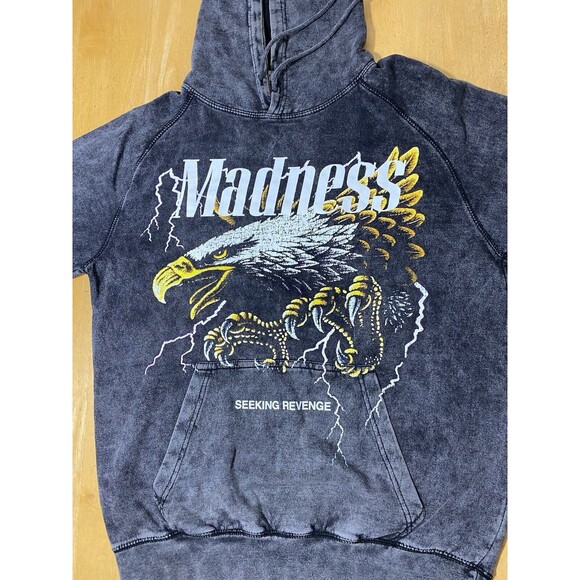 Pacsun Madness Lightning Strikes Eagle Hoodie Washed Gray Men Medium 20.5pit2pit - Picture 2 of 6